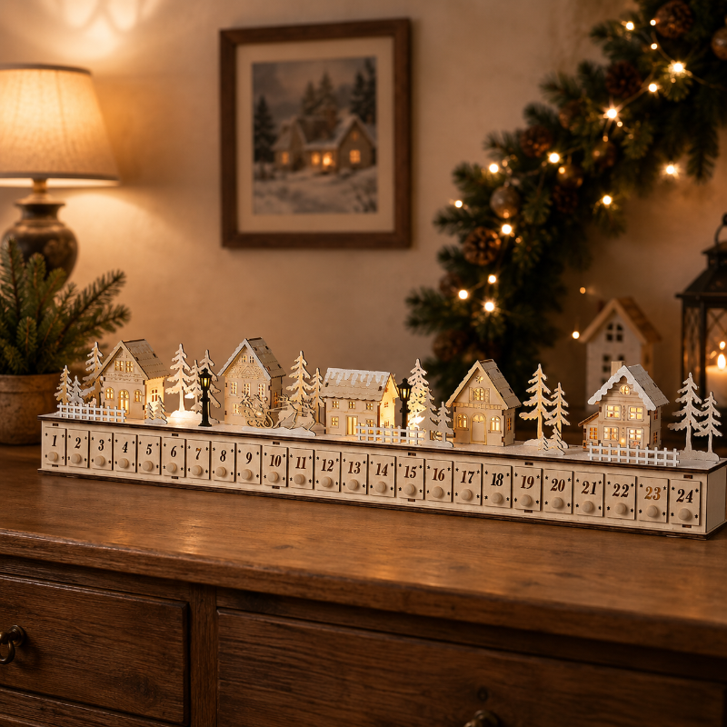 TYIIPLUS™ Home Reflections Christmas Village Advent Calendar – DIY Wooden Countdown Decoration with LED Lights, Music & 24 Gift Drawers