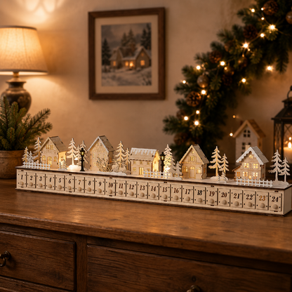 TYIIPLUS™ Home Reflections Christmas Village Advent Calendar – DIY Wooden Countdown Decoration with LED Lights, Music & 24 Gift Drawers