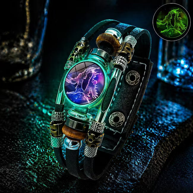 ☪️Glow-in-the-dark leather zodiac sign bracelet for men and women (6.9/8.1 inches)♑️