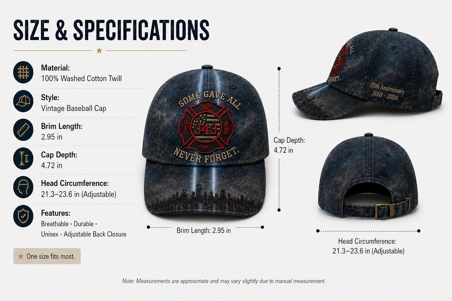 Never Forget 343 Memorial Cap – Embroidered Tribute Design🧢(Breathable & Lightweight Comfort & Unisex Fit)