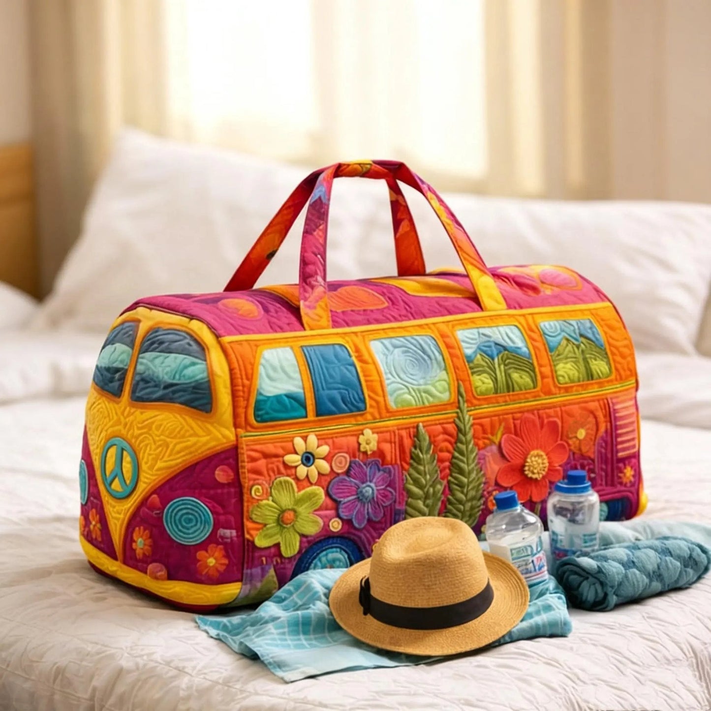 Unisex Boho Quilted Weekender Travel Bag, Lightweight & Comfortable, Hippie Design