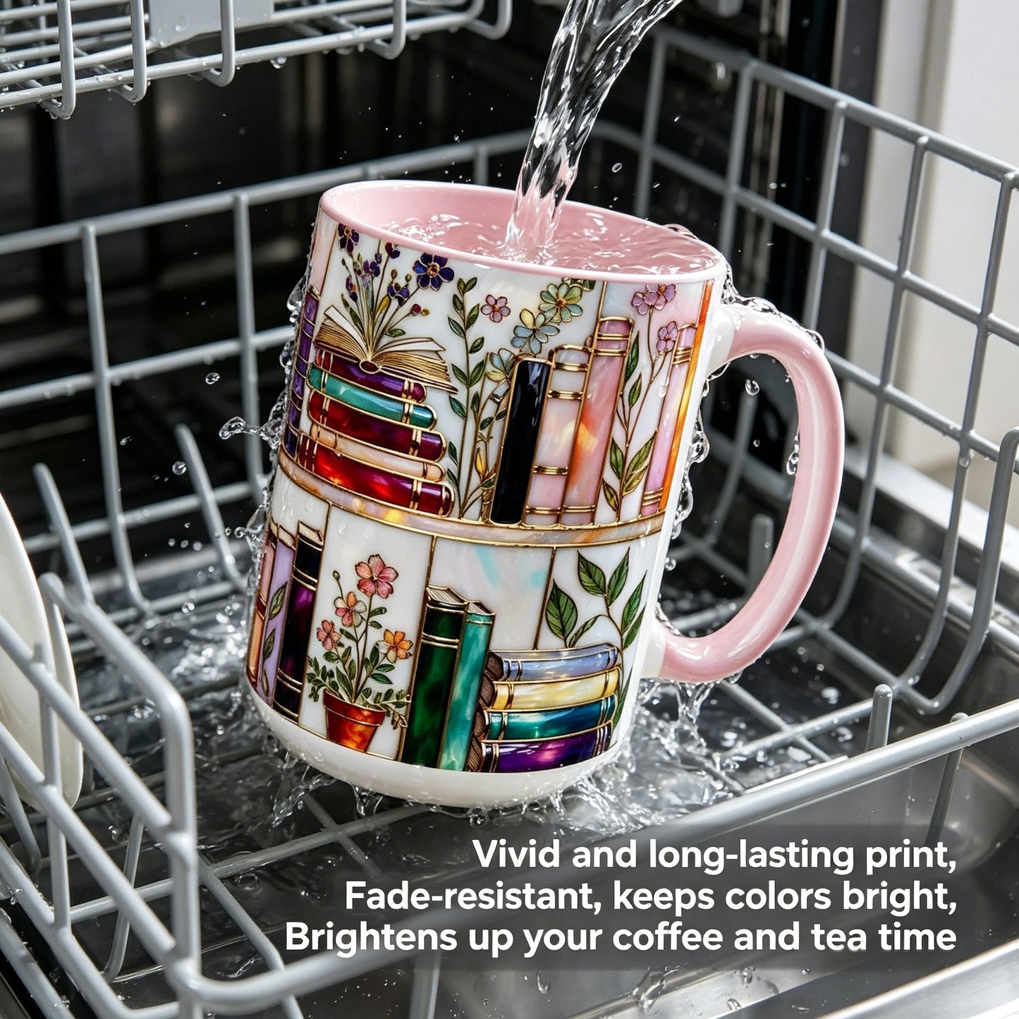 ☕📚Stained-Glass Ceramic Mug- Book Lover Gift, Floral Bookshelf Mug, Coffee & Tea Cup🌈