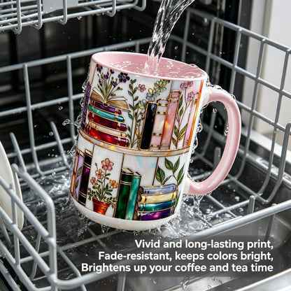 ☕📚Stained-Glass Ceramic Mug- Book Lover Gift, Floral Bookshelf Mug, Coffee & Tea Cup🌈