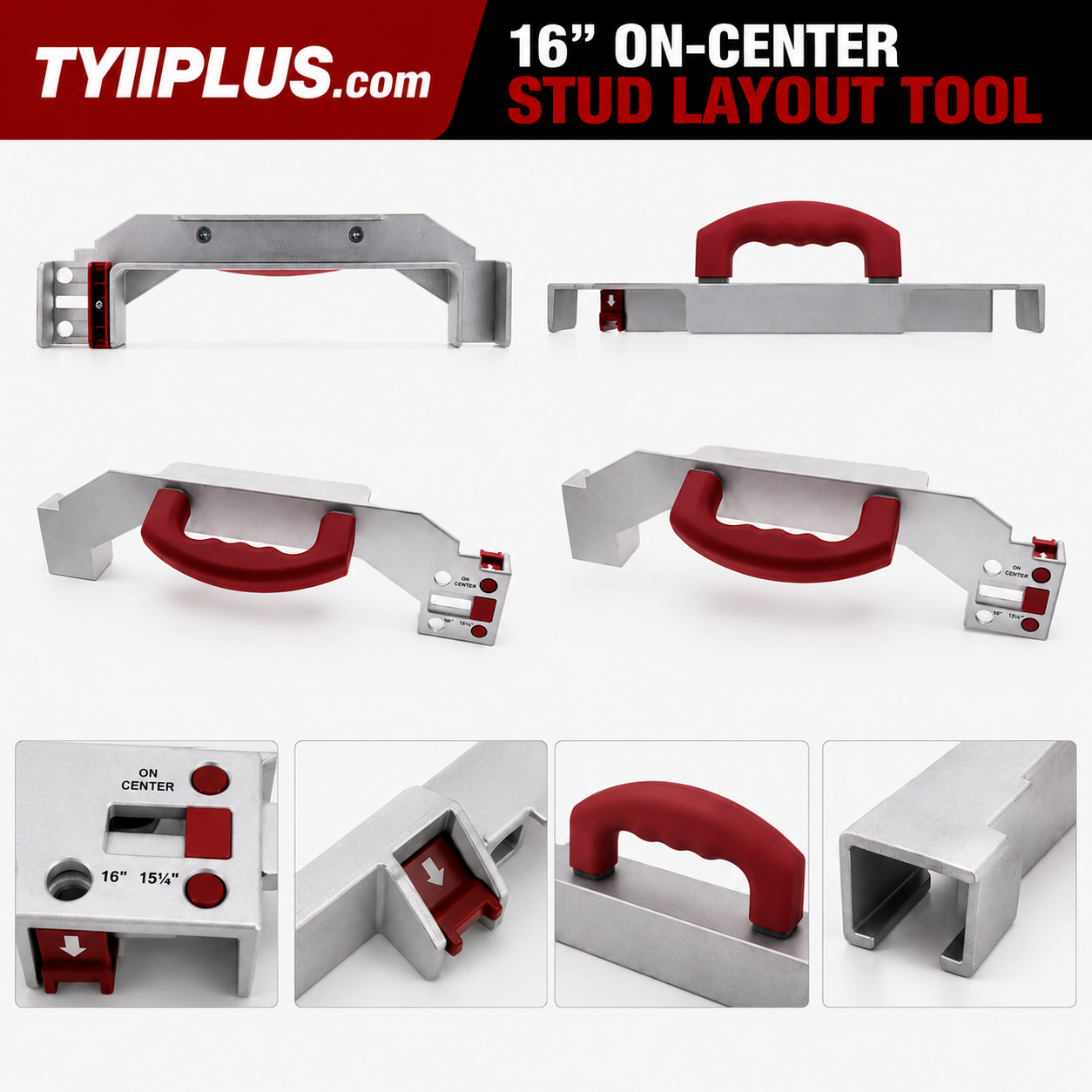 TYIIPLUS™ 16" On-Center Stud Layout Tool | Adjustable Aluminum Framing Jig with Comfort Grip Handle