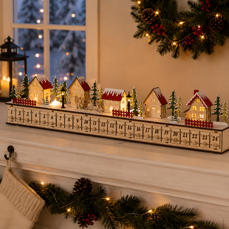 TYIIPLUS™ Home Reflections Christmas Village Advent Calendar – DIY Wooden Countdown Decoration with LED Lights, Music & 24 Gift Drawers