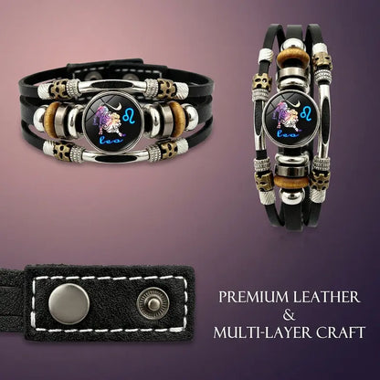☪️Glow-in-the-dark leather zodiac sign bracelet for men and women (6.9/8.1 inches)♑️