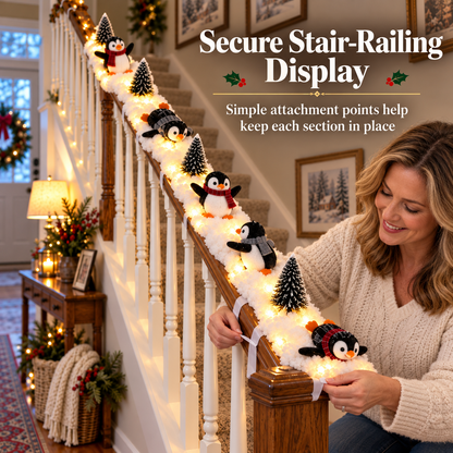 🐧 Playful Penguin Snowy Stair Railing Decor – Christmas Banister Garland with Cute Penguins & Winter Holiday Decorations