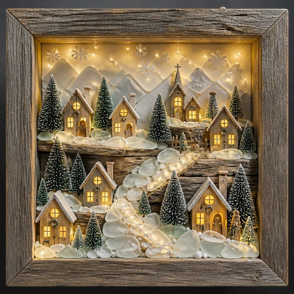 💝Coastal Lighthouse Sea Glass Shadow Box Night Light
