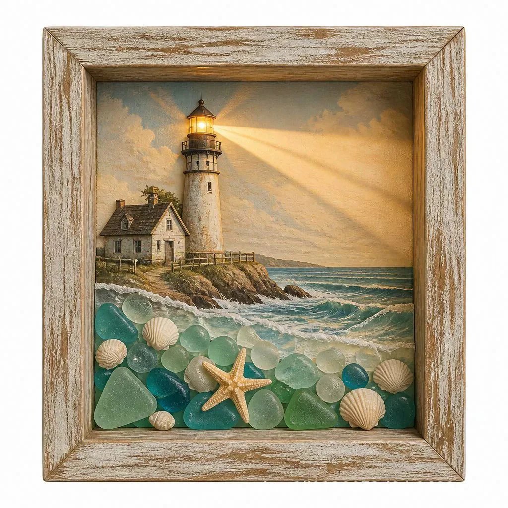 💝Coastal Lighthouse Sea Glass Shadow Box Night Light