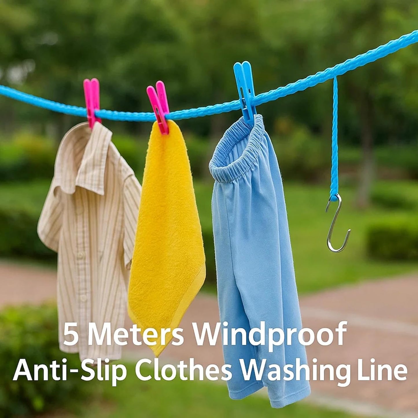 5M Windproof Anti-Slip Portable Clothesline with Hooks
