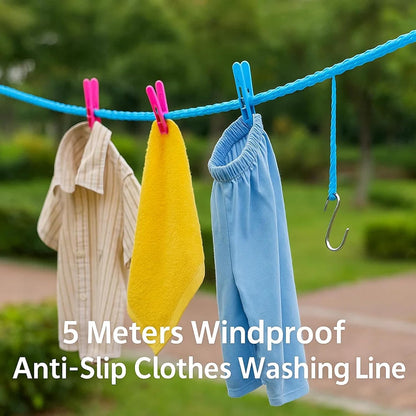 5M Windproof Anti-Slip Portable Clothesline with Hooks