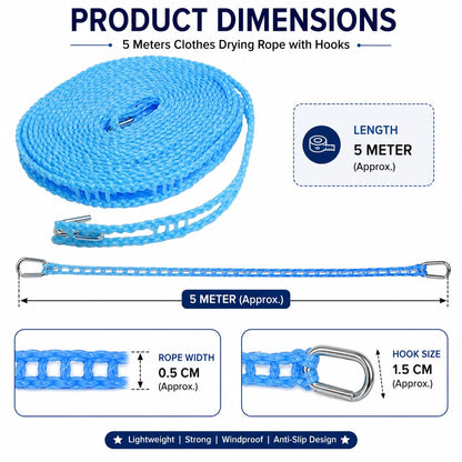 5M Windproof Anti-Slip Portable Clothesline with Hooks