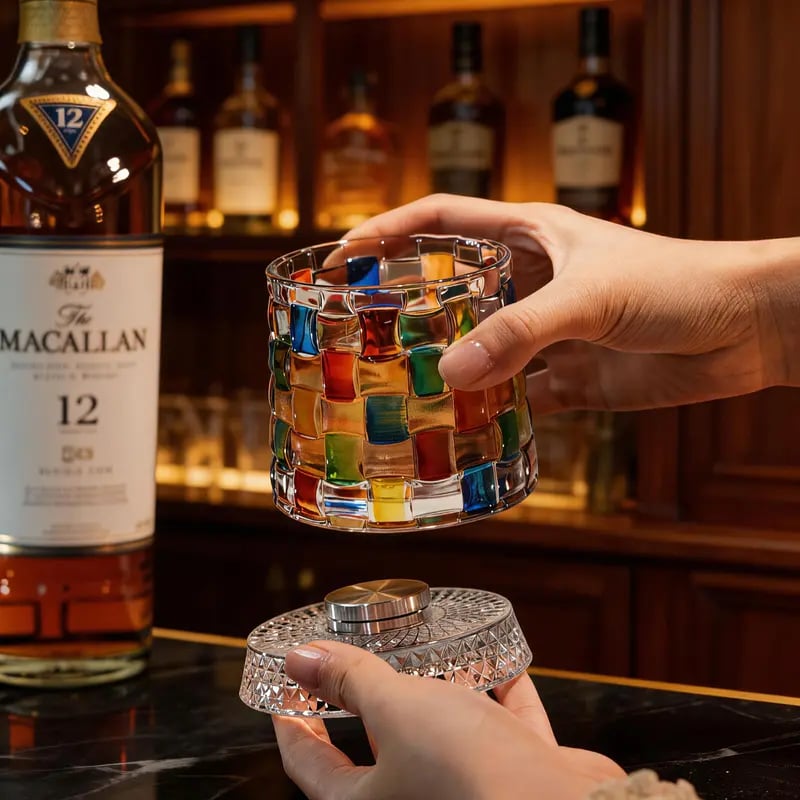 🌈Hand-Painted Embossed Rotating Whiskey Glass (✨Including a Rotating Base)