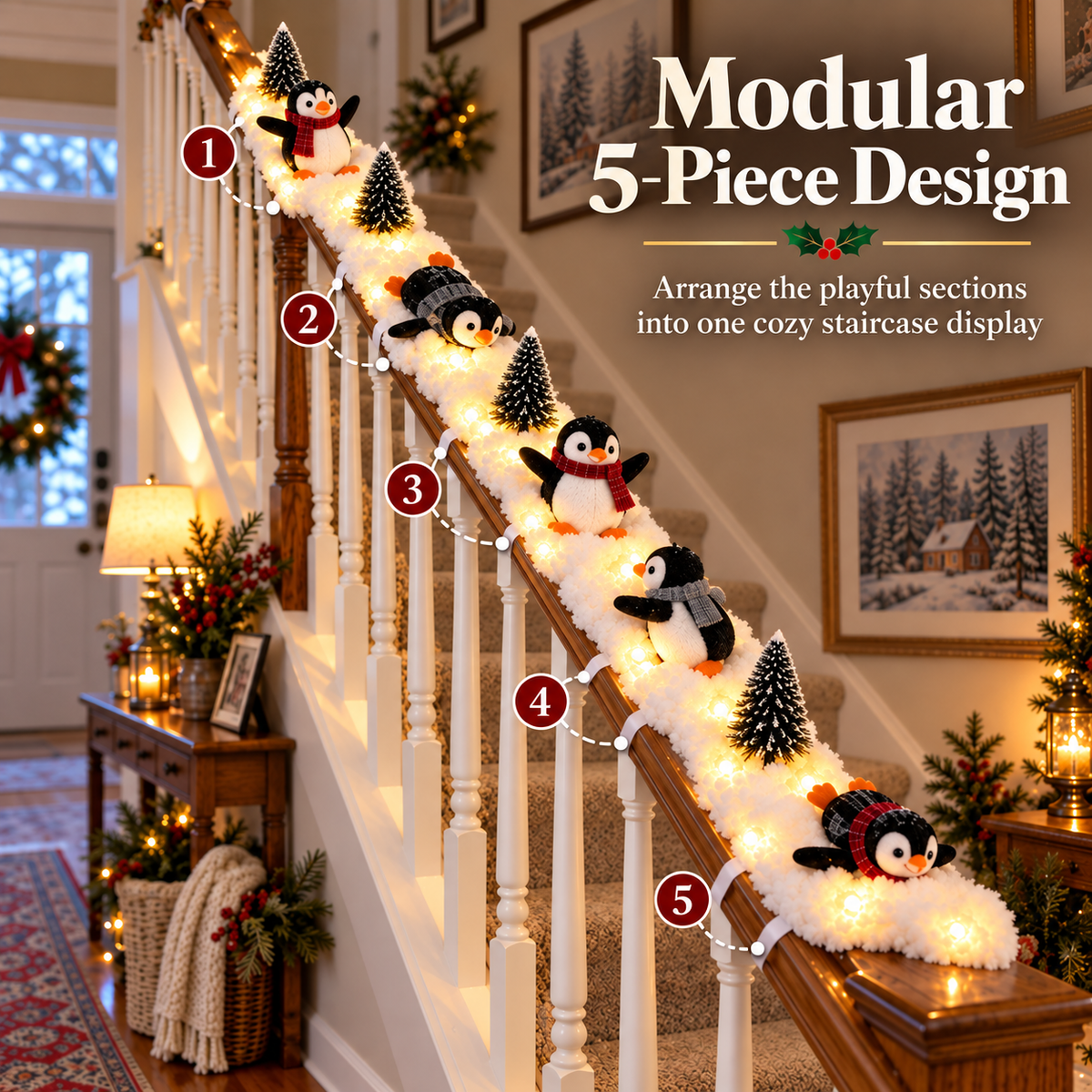 🐧 Playful Penguin Snowy Stair Railing Decor – Christmas Banister Garland with Cute Penguins & Winter Holiday Decorations