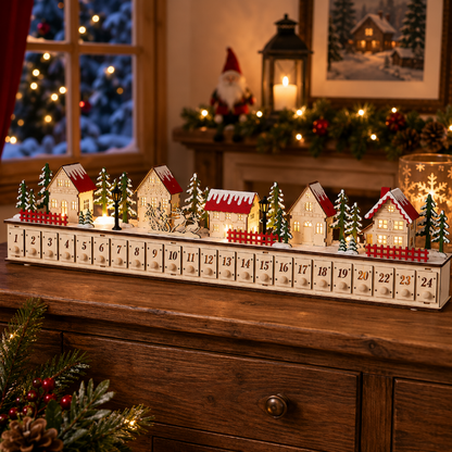 TYIIPLUS™ Home Reflections Christmas Village Advent Calendar – DIY Wooden Countdown Decoration with LED Lights, Music & 24 Gift Drawers