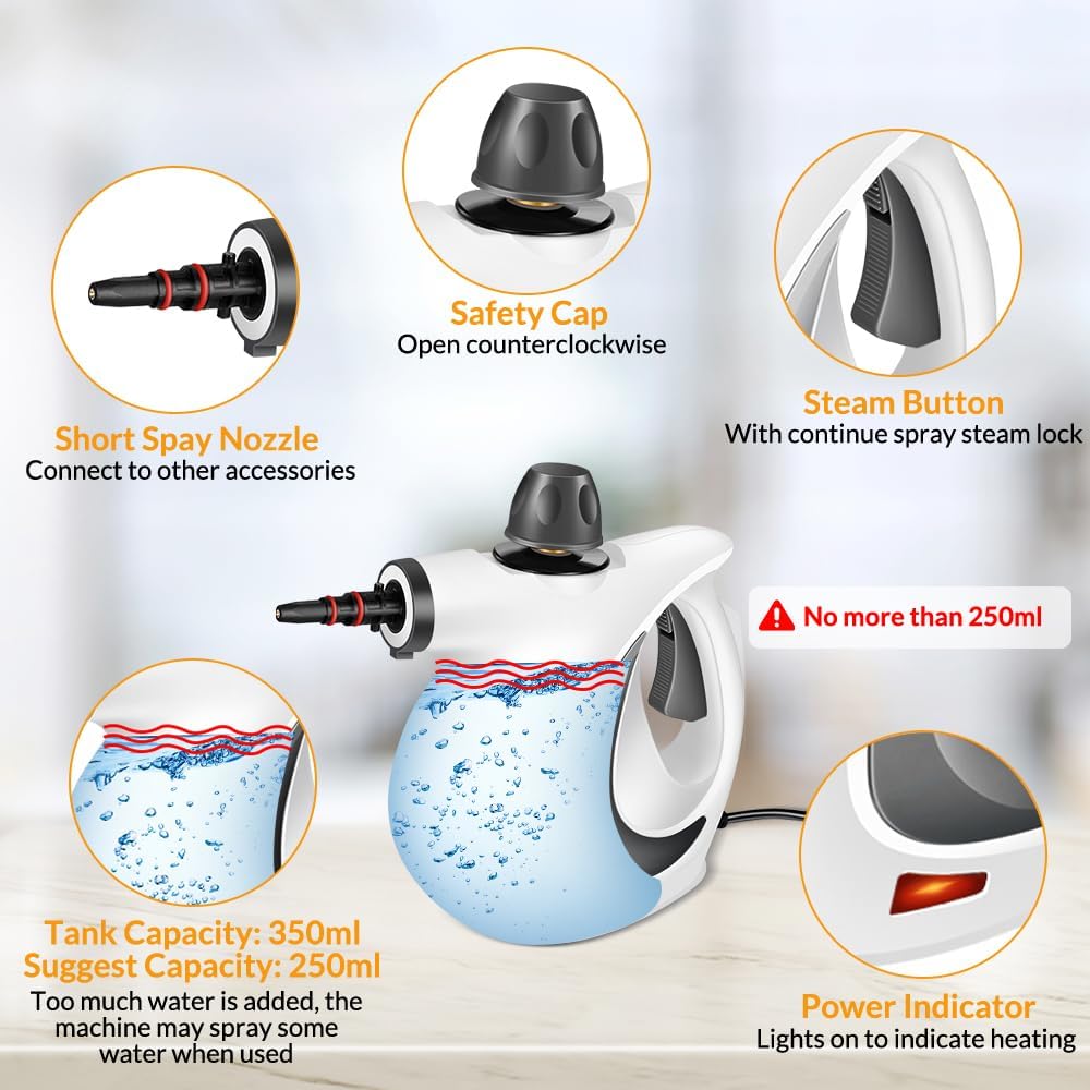 Handheld Pressurized Steam Cleaner with 12-Piece Accessory Kit
