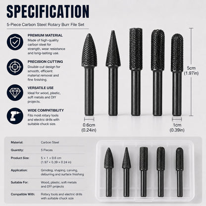 🔥 5-Piece Carbon Steel File Set – High-Speed Wood Grinding & Carving Bits