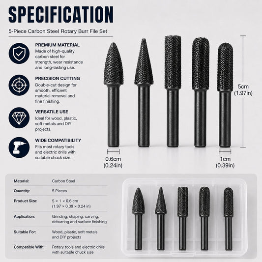 🔥 5-Piece Carbon Steel File Set – High-Speed Wood Grinding & Carving Bits
