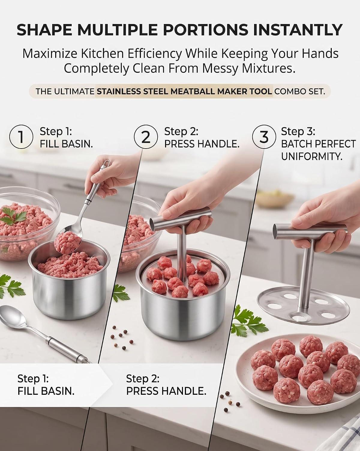 Stainless Steel Meatball Maker Tool & Spoon, Manual Meat Ball Making Mold