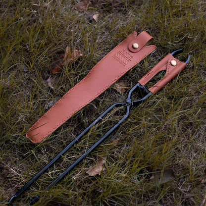 ⛺️ Camping Fire Tongs | Heavy-Duty Carbon Steel | Leather Sheath | Serrated Grip | Brown/Black Options