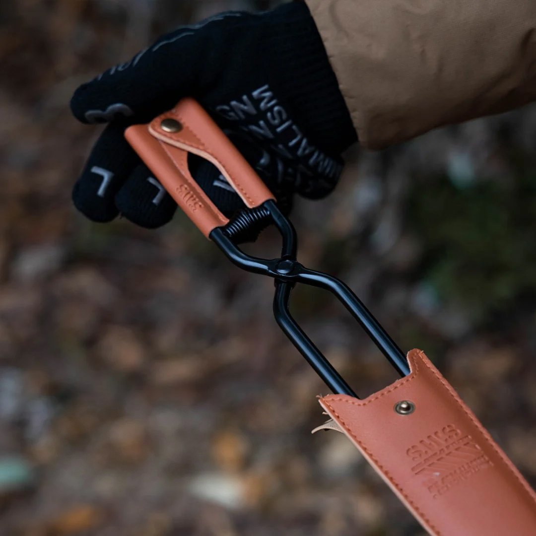 ⛺️ Camping Fire Tongs | Heavy-Duty Carbon Steel | Leather Sheath | Serrated Grip | Brown/Black Options