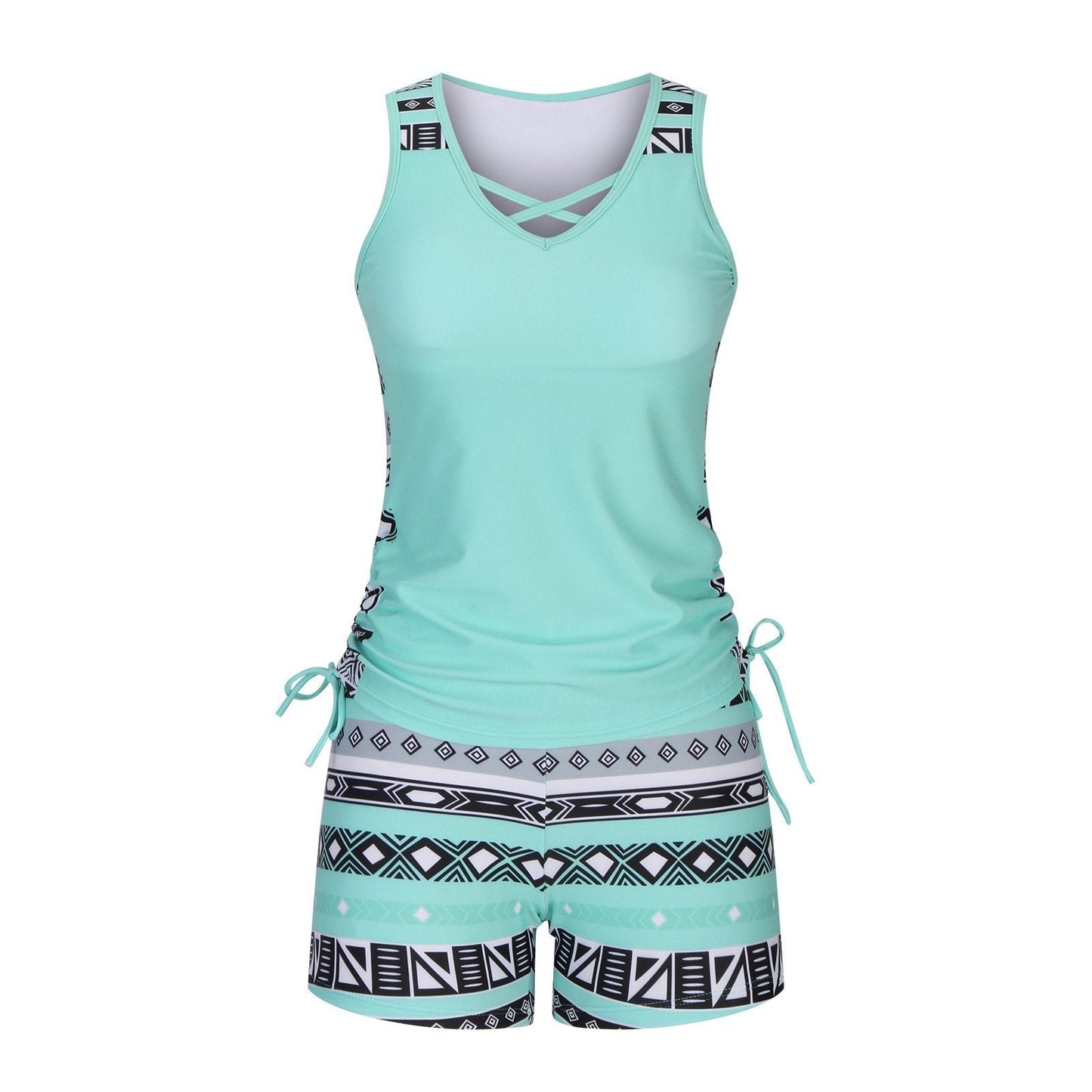 Women's Tummy Control Tankini Set with Built-In Bra – Flattering Boho Swimwear with Shorts