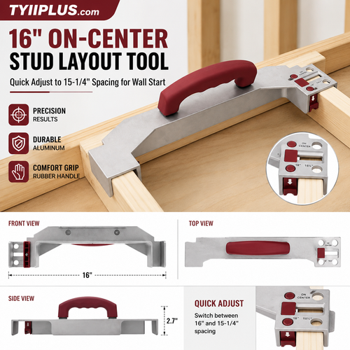 TYIIPLUS™ 16" On-Center Stud Layout Tool | Adjustable Aluminum Framing Jig with Comfort Grip Handle