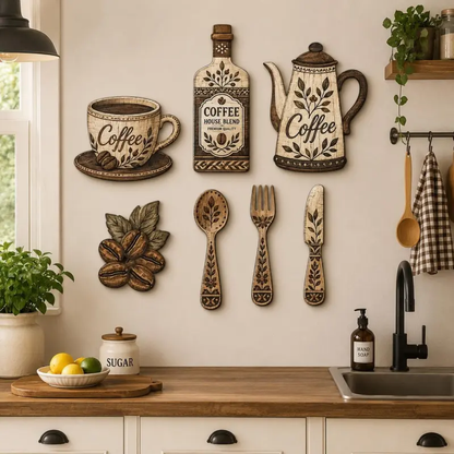 TYIIPLUS™ 7-Piece Wooden Coffee Kitchen Wall Decor Set – Vintage Farmhouse Coffee-Themed Wall Art
