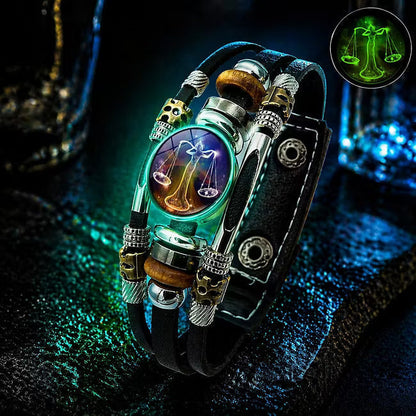 ☪️Glow-in-the-dark leather zodiac sign bracelet for men and women (6.9/8.1 inches)♑️