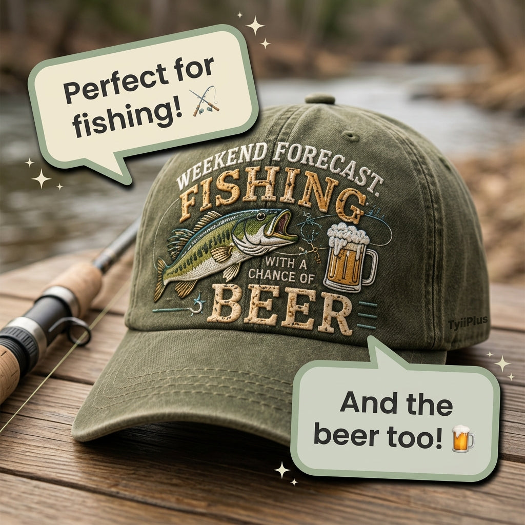 Weekend Forecast: Fishing With A Chance Of Beer Vintage Dad Cap – Funny Fishing Hat for Men