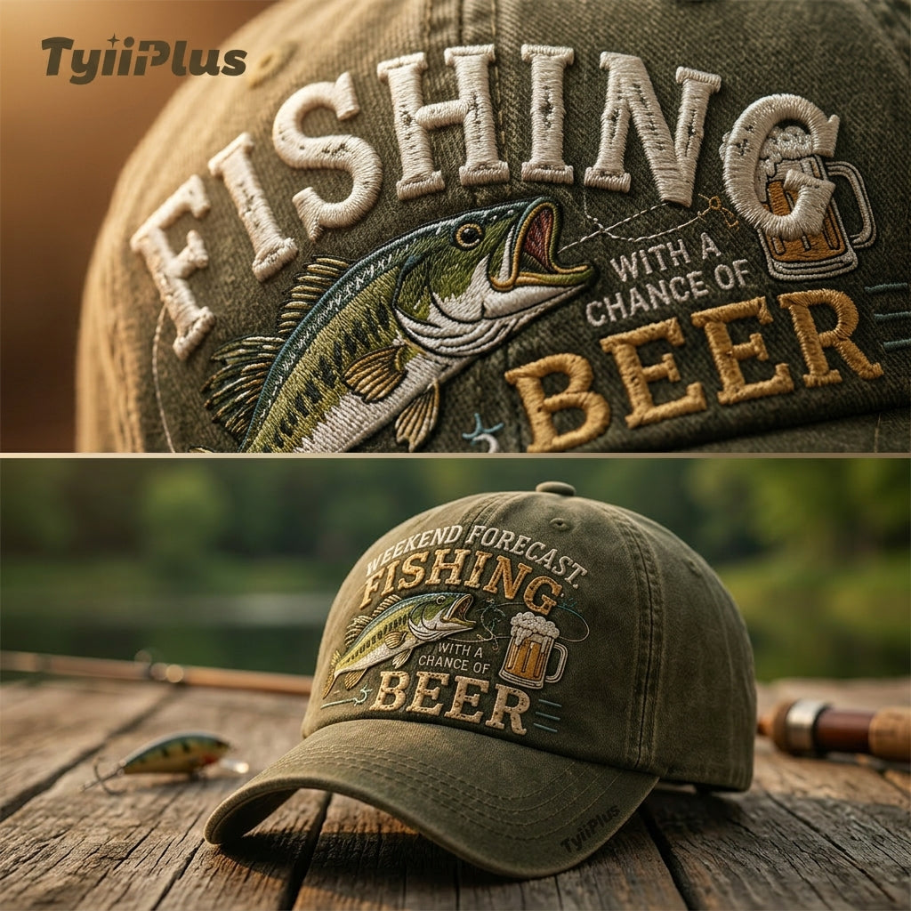 Weekend Forecast: Fishing With A Chance Of Beer Vintage Dad Cap – Funny Fishing Hat for Men