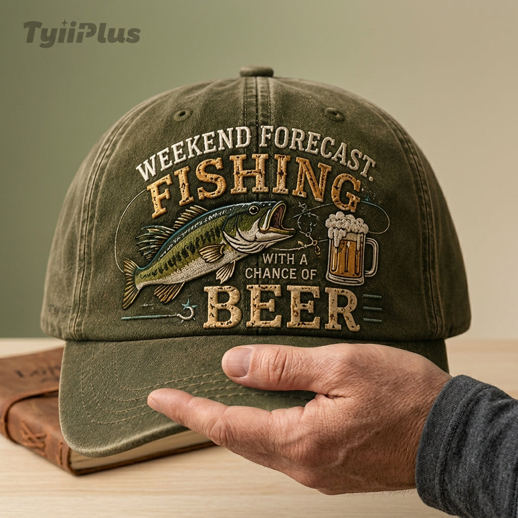 Weekend Forecast: Fishing With A Chance Of Beer Vintage Dad Cap – Funny Fishing Hat for Men