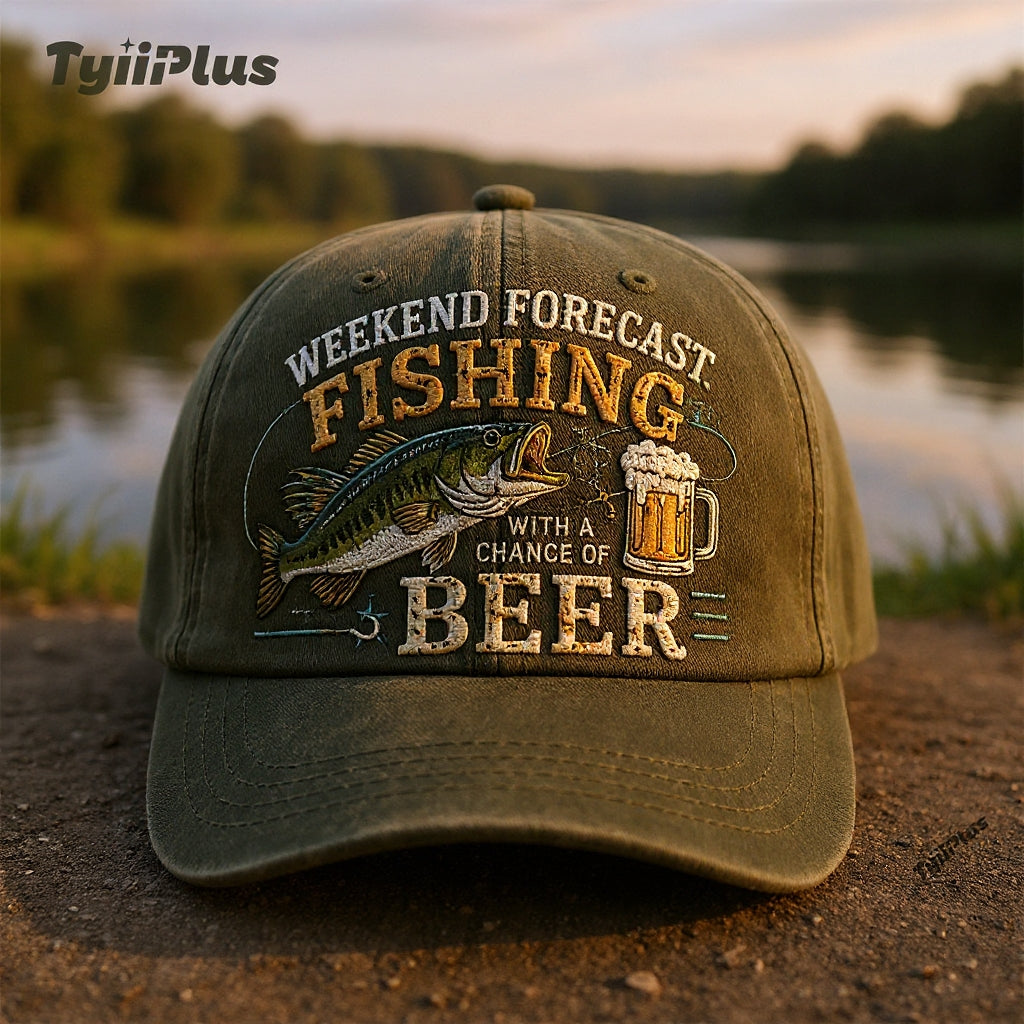 Weekend Forecast: Fishing With A Chance Of Beer Vintage Dad Cap – Funny Fishing Hat for Men