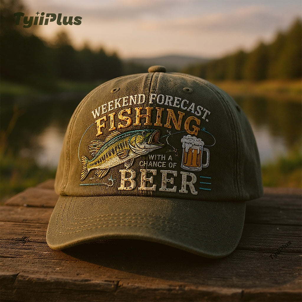 Weekend Forecast: Fishing With A Chance Of Beer Vintage Dad Cap – Funny Fishing Hat for Men