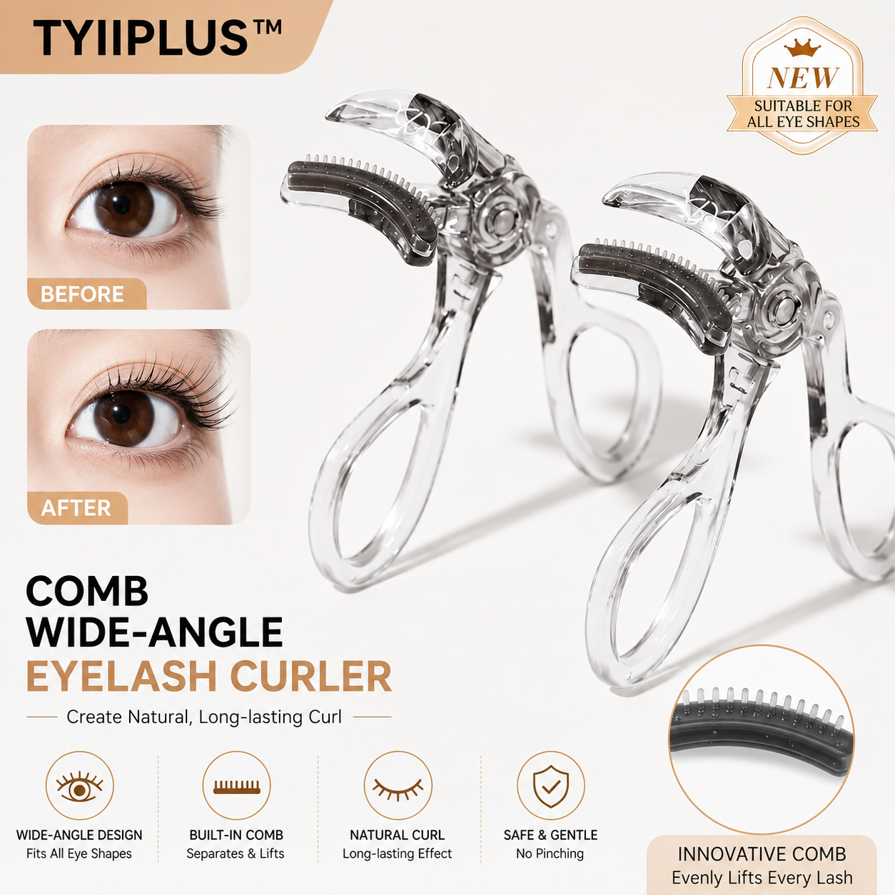 2 PCS TYIIPLUS™ Wide-Angle Eyelash Curler with Comb – No-Pinch Lash Curler for Natural, Lifted Lashes