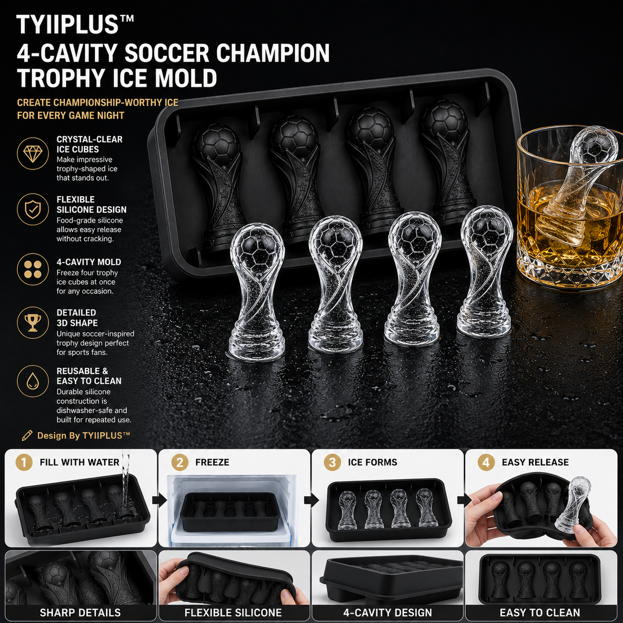TYIIPLUS™ 4-Cavity Soccer Champion Trophy Ice Mold – Premium Silicone Whiskey Ice Cube Tray