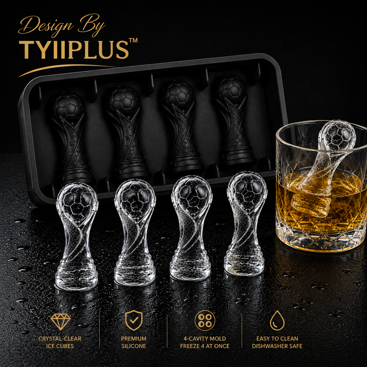 TYIIPLUS™ 4-Cavity Soccer Champion Trophy Ice Mold – Premium Silicone Whiskey Ice Cube Tray