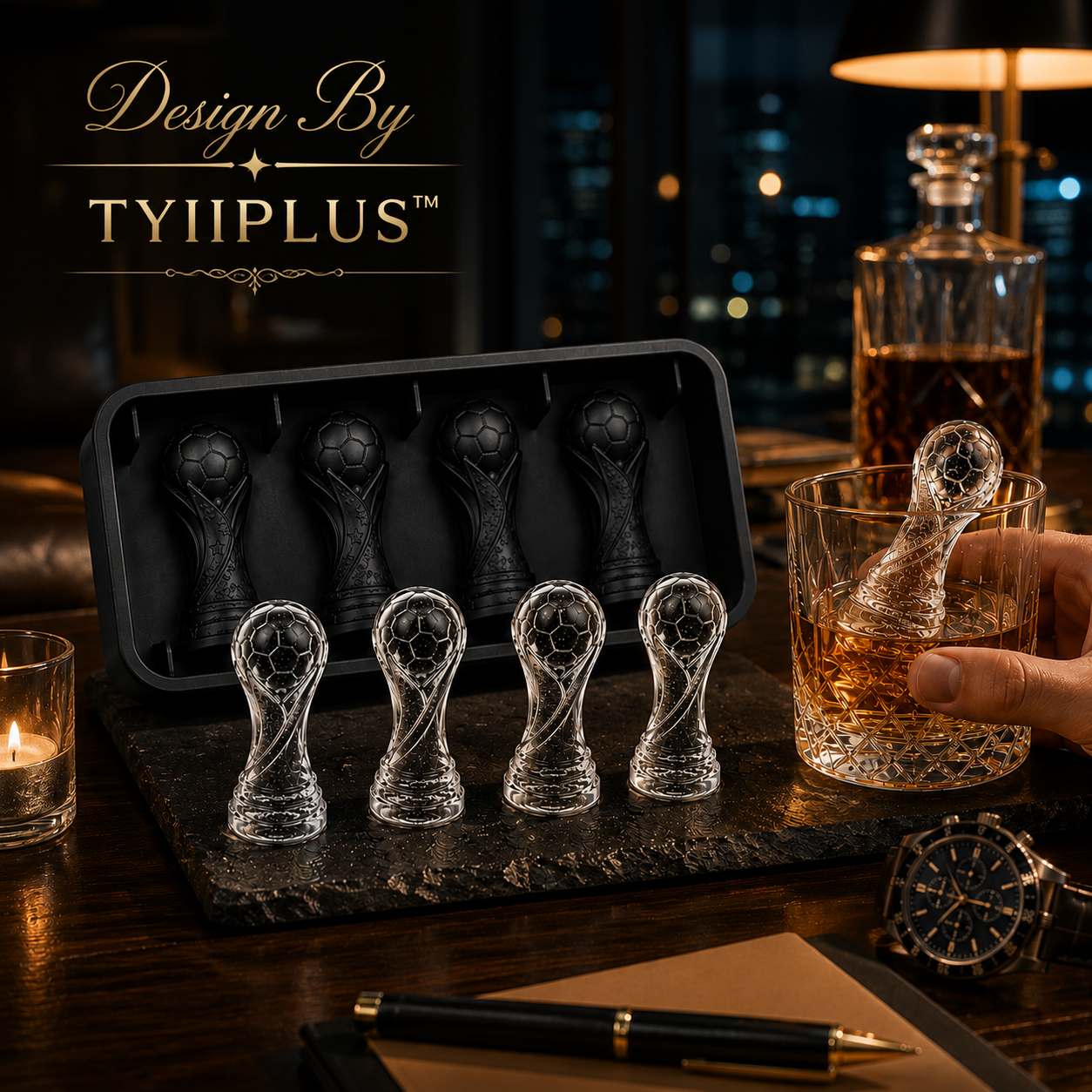 TYIIPLUS™ 4-Cavity Soccer Champion Trophy Ice Mold – Premium Silicone Whiskey Ice Cube Tray