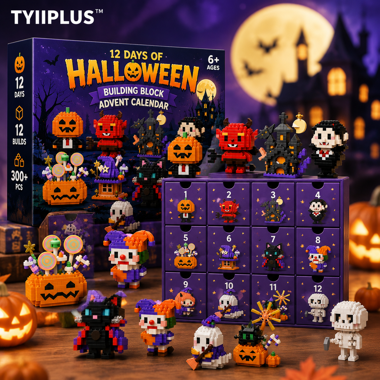 TYIIPLUS™ Halloween Building Block Advent Calendar – 12 Days, 12 Surprise Builds