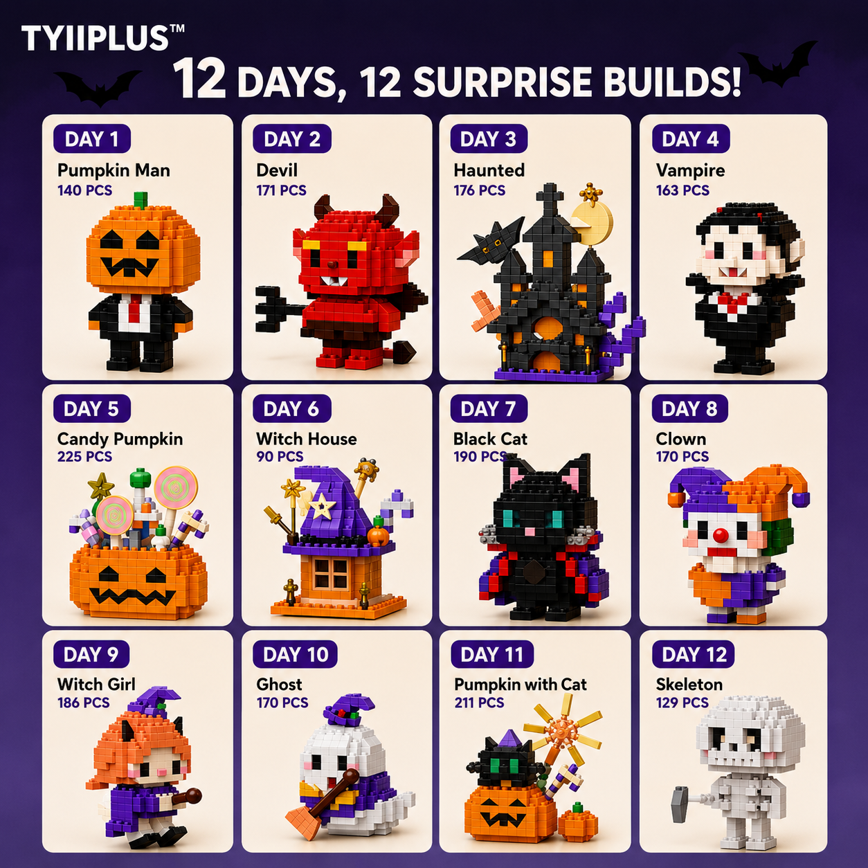 TYIIPLUS™ Halloween Building Block Advent Calendar – 12 Days, 12 Surprise Builds