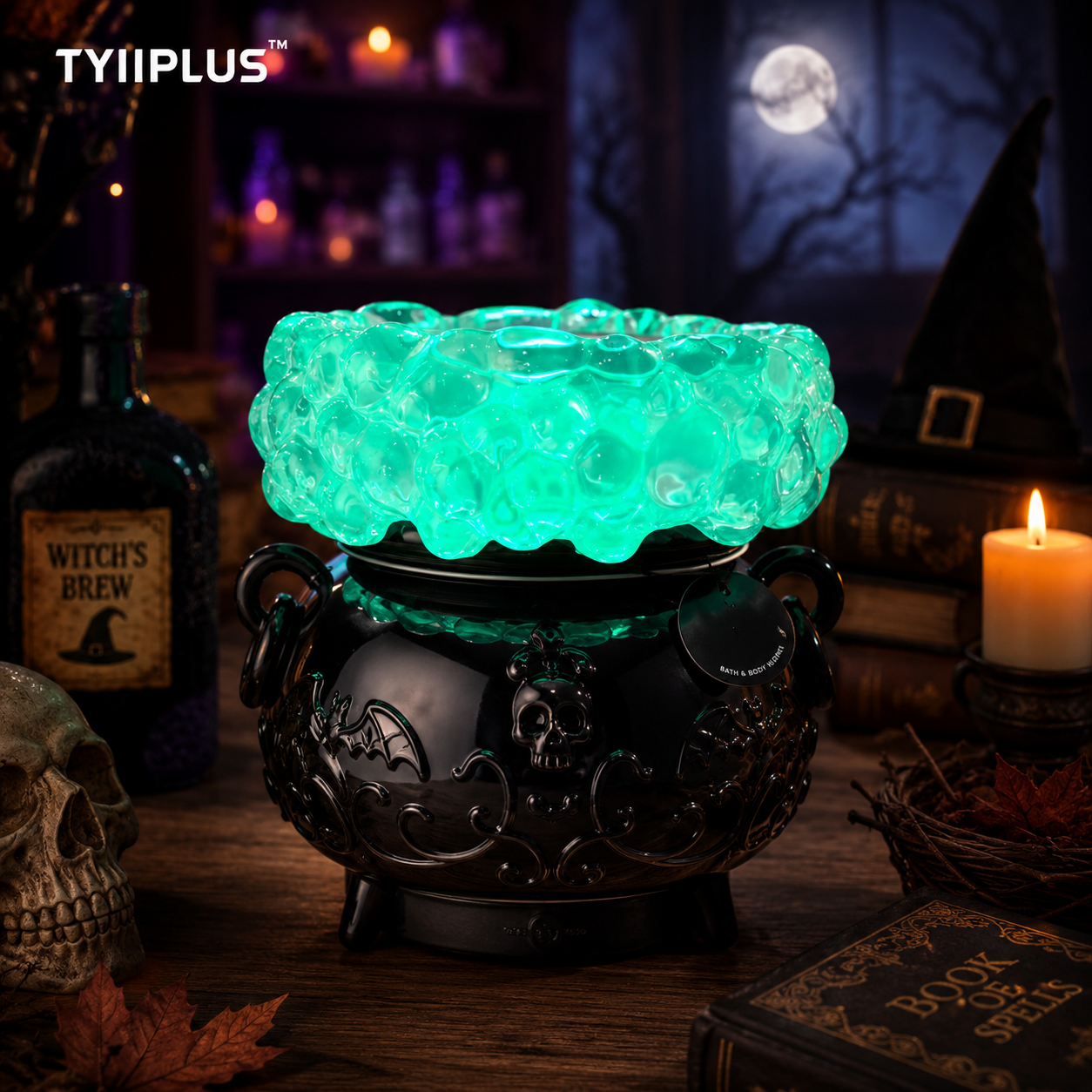 TYIIPLUS™ Light-Up Color-Changing Cauldron Waterglobe 3-Wick Candle Holder – Halloween Resin Candle Pedestal Décor