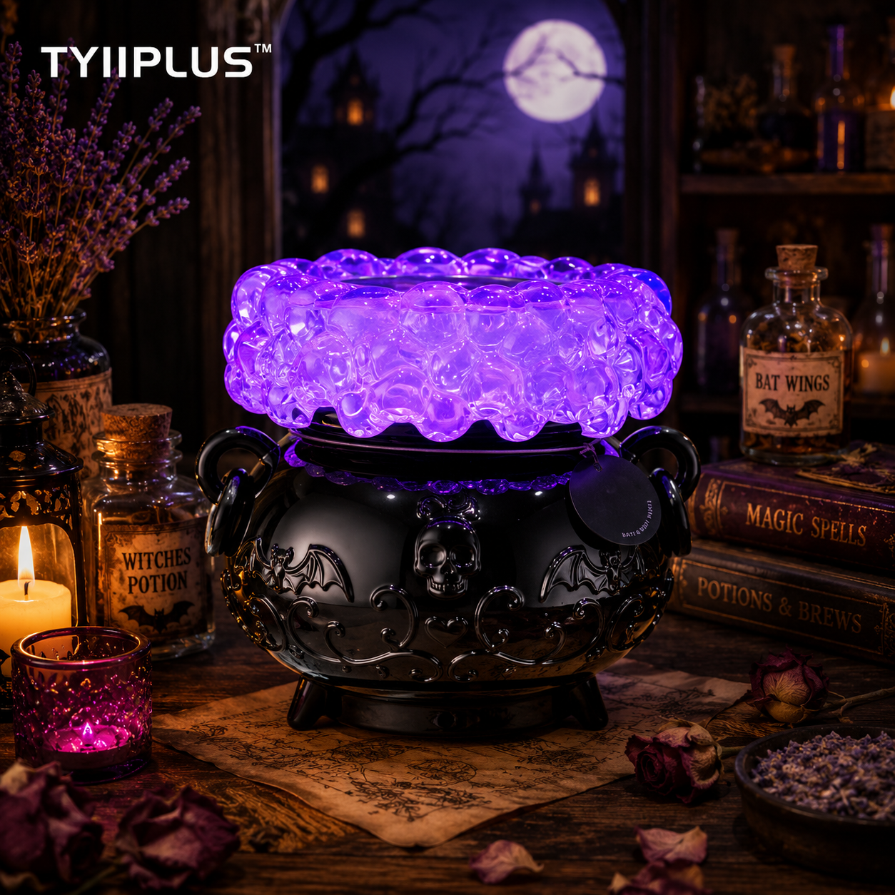 TYIIPLUS™ Light-Up Color-Changing Cauldron Waterglobe 3-Wick Candle Holder – Halloween Resin Candle Pedestal Décor