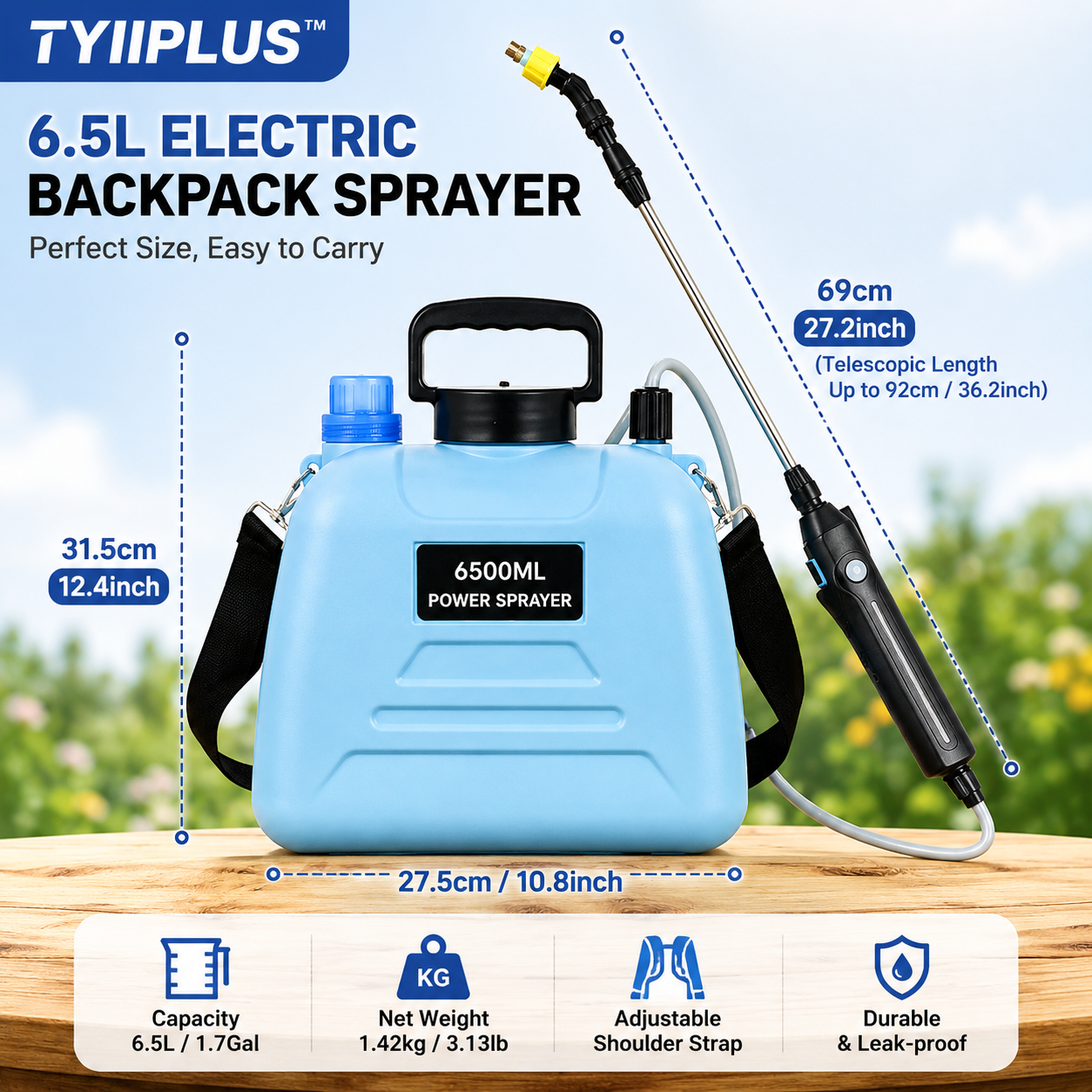 TYIIPLUS™ 6.5L Electric Backpack Sprayer – 4 Spray Modes, Extendable Wand & Long-Lasting Rechargeable Battery