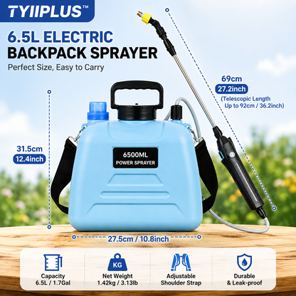 TYIIPLUS™ 6.5L Electric Backpack Sprayer – 4 Spray Modes, Extendable Wand & Long-Lasting Rechargeable Battery
