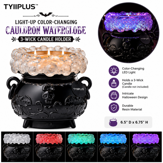 TYIIPLUS™ Light-Up Color-Changing Cauldron Waterglobe 3-Wick Candle Holder – Halloween Resin Candle Pedestal Décor