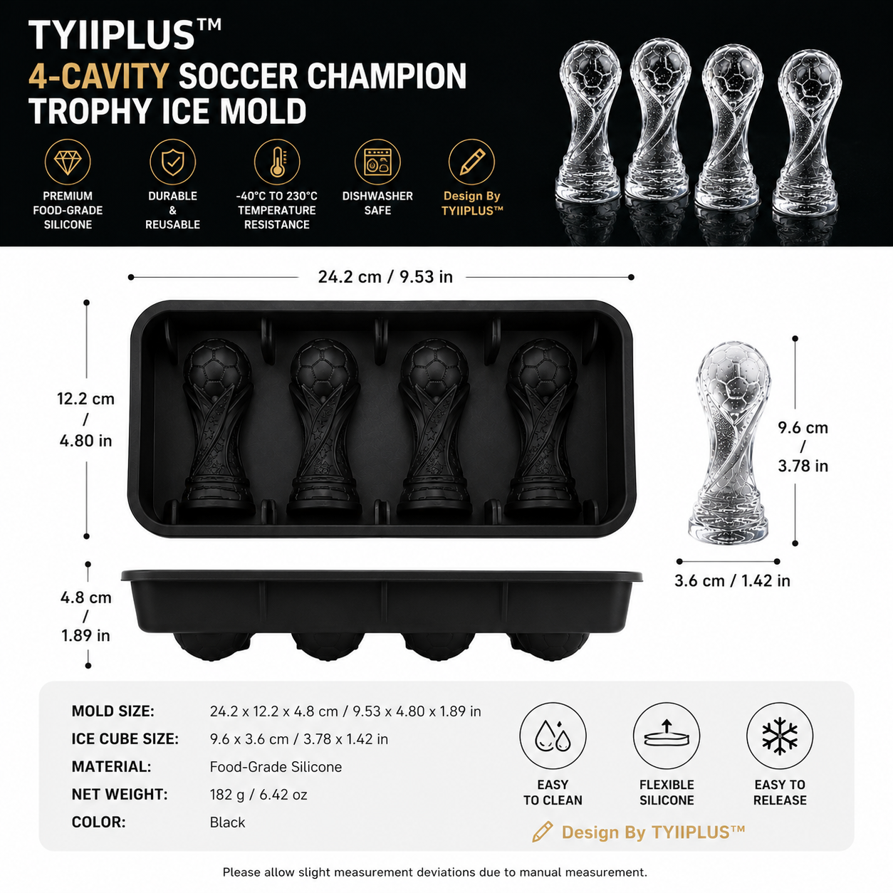 TYIIPLUS™ 4-Cavity Soccer Champion Trophy Ice Mold – Premium Silicone Whiskey Ice Cube Tray