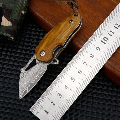 Damascus Mini Pocket Knife with Olive Wood Handle & Leather Lanyard