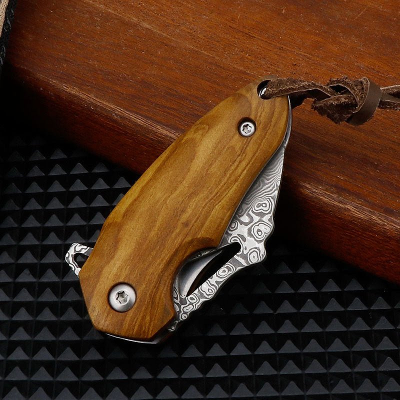 Damascus Mini Pocket Knife with Olive Wood Handle & Leather Lanyard