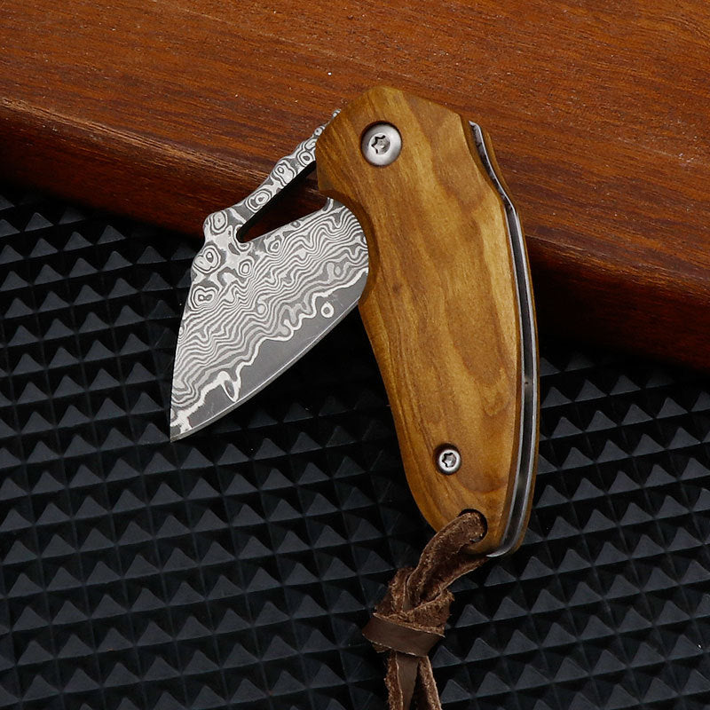 Damascus Mini Pocket Knife with Olive Wood Handle & Leather Lanyard