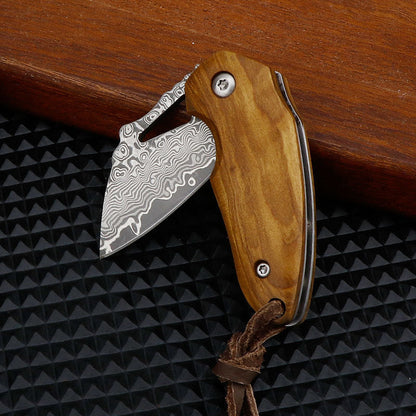 Damascus Mini Pocket Knife with Olive Wood Handle & Leather Lanyard